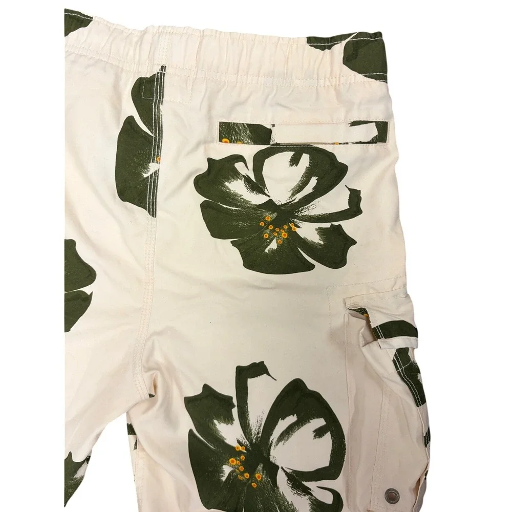 Hollister Mens Cargo Swim Trunks White Green Floral‎ Hibiscus Board Shorts Small